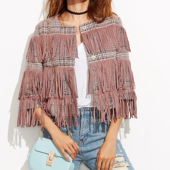 Pink Collarless Tweed Jacket With Fringe Detail - Picture 2 of 7